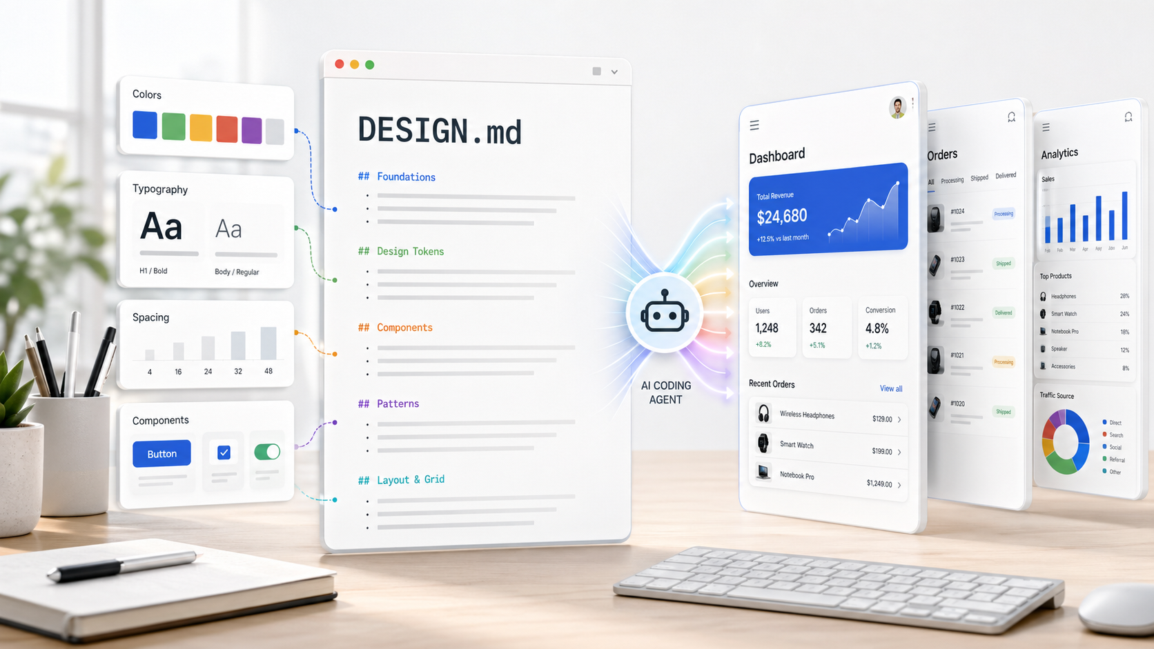 A DESIGN.md document connecting design tokens to generated UI screens