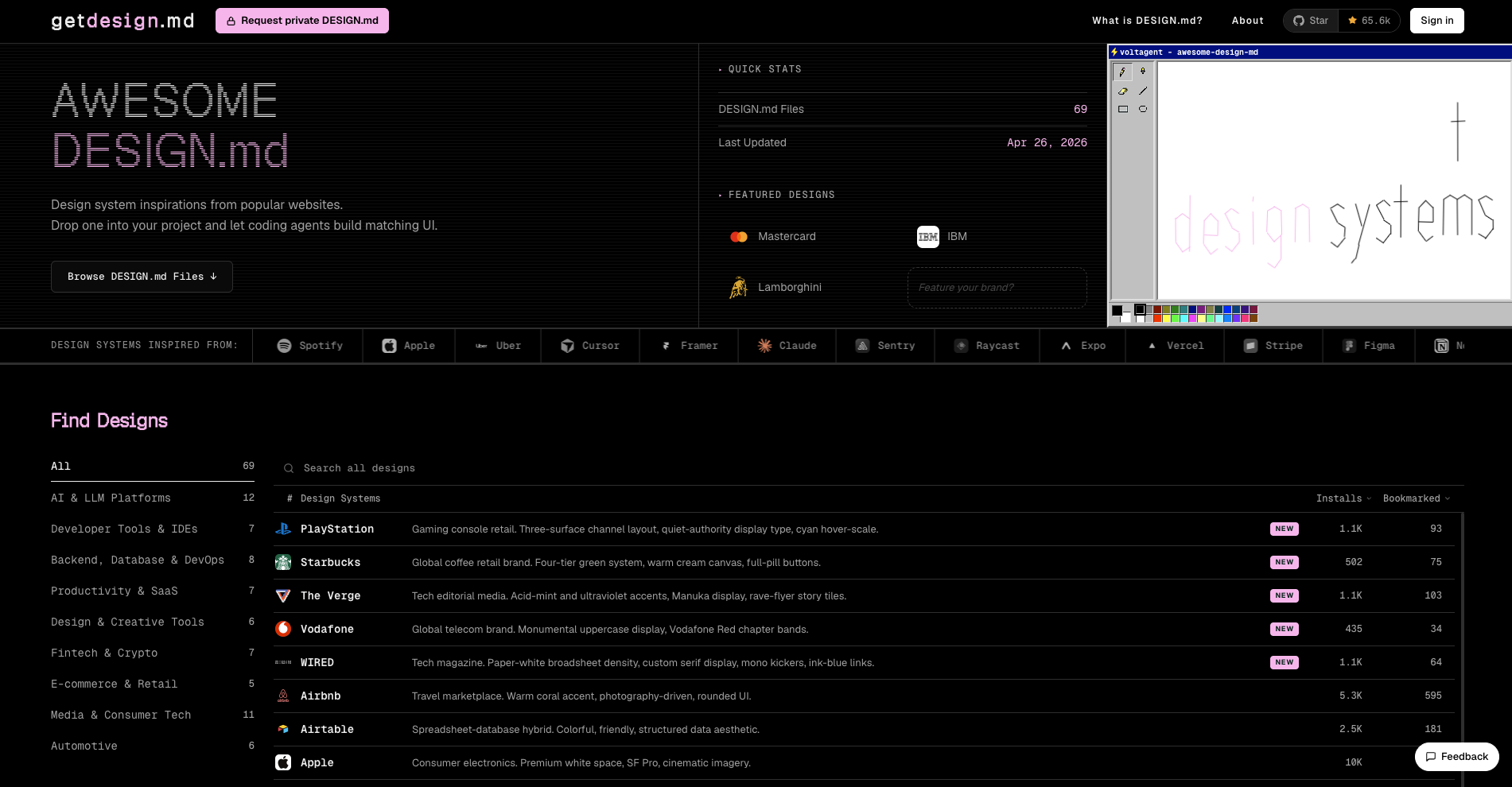 getdesign.md catalog showing DESIGN.md files for popular product design systems