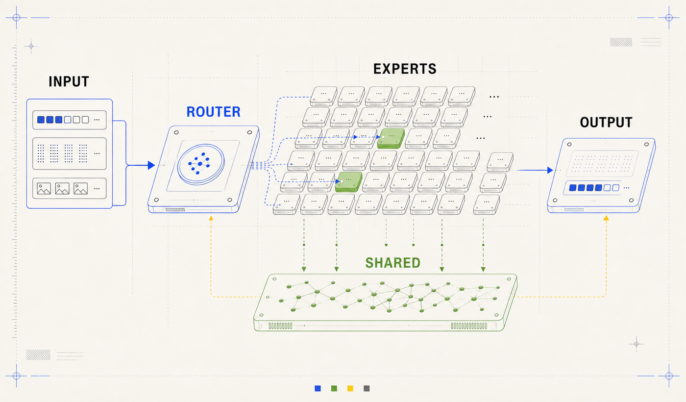 Illustration of Gemma 4 26B A4B MoE routing from a token stream into selected experts and a shared expert