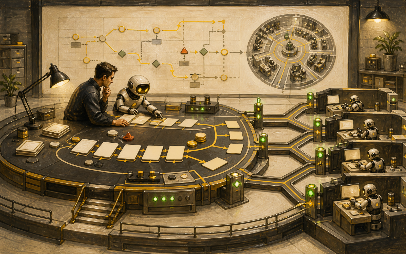 Software factory planning station routing work into scoped changes